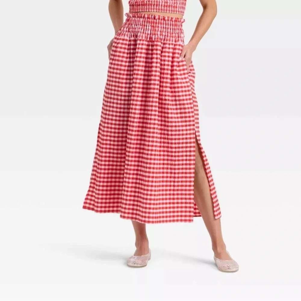 Universal Thread Red White Gingham Smocked Midi Skirt with Pockets Size M